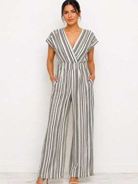 American Eagle Outfitters Black & White Striped V-Neck Wide-Leg Jumpsuit